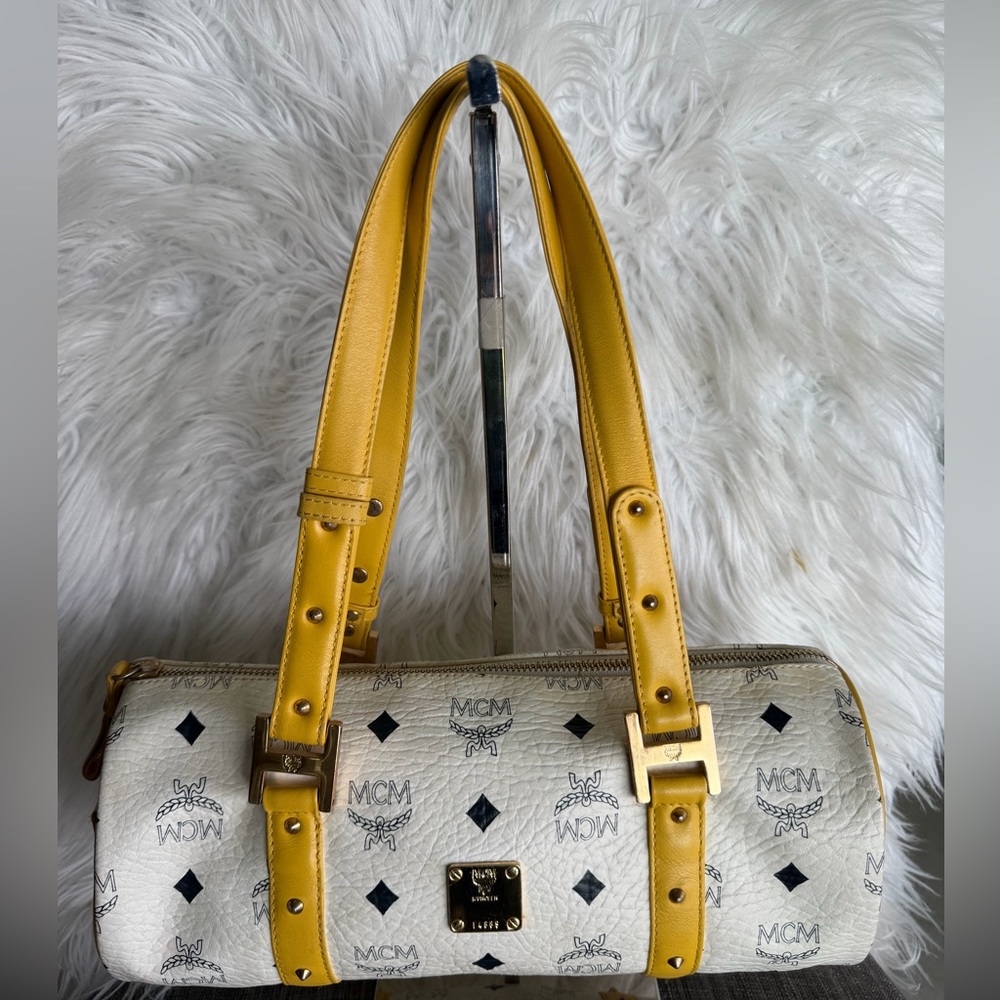 MCM White Visetos Barrel Bag with Yellow Straps